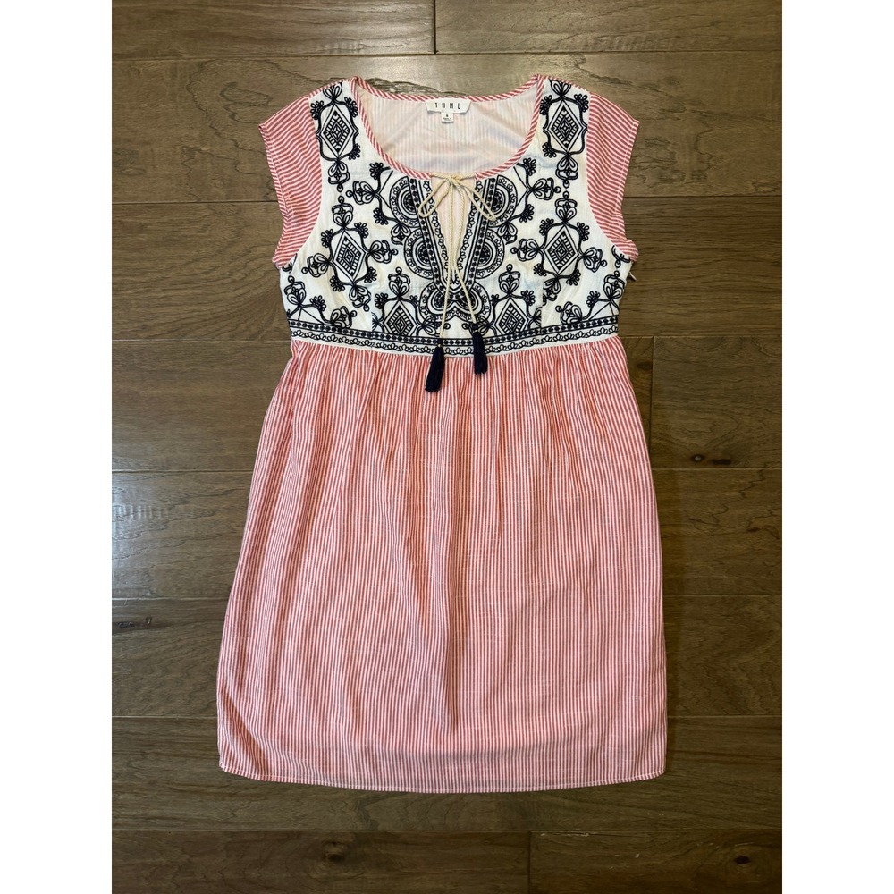 THML Red White Striped Embroidered Tassel‎ Mini Dress Small FTM1091-1-R